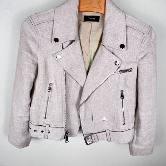 THEORY Women’s Linen Belted Shrunken Motorcycle Jacket - Beige. Size: XS - Picture 9 of 9